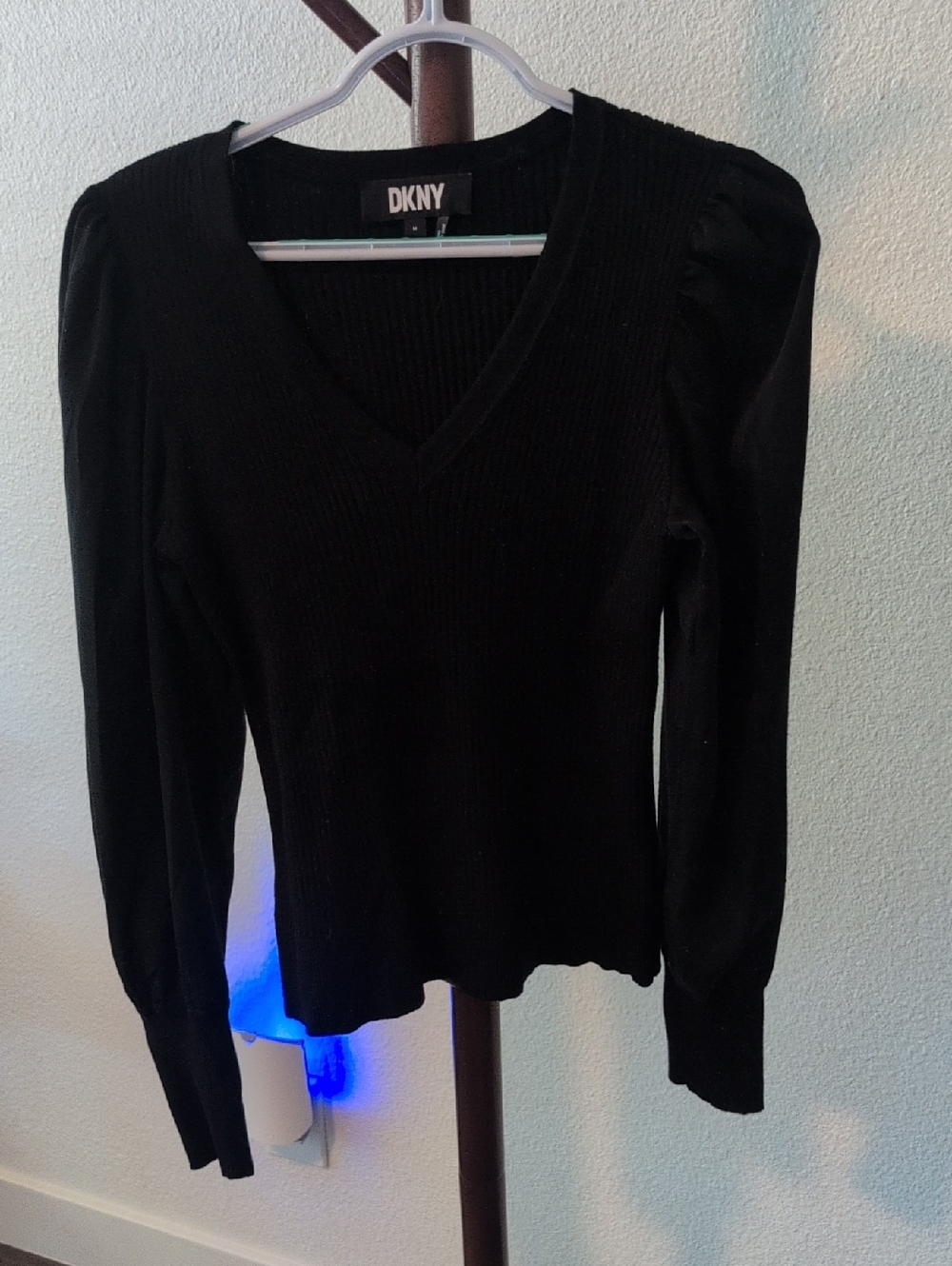 DKNY Black V-Neck Long Sleeve Ribbed Top with Subtle Puff Shoulders